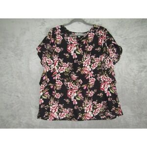 Counterparts Womens XL Black Floral Print Short Sleeve Tie Neck Blouse Top
